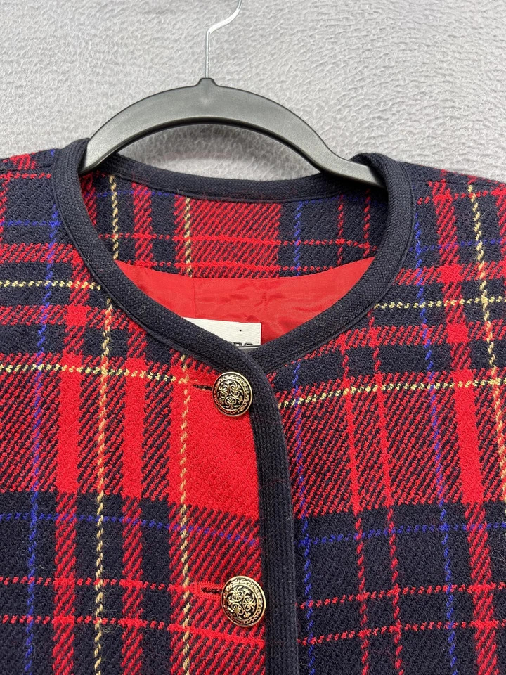 Blazer Colección Liz Claiborne Mujer 10 Rojo Azul Marino Mezcla de Lana a Cuadros Botón Dorado Foto 3 de 4