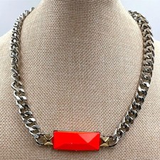 VTG Statement Chunky Silver Tone Curb Chain Necklace Faceted Rectangle Pendant