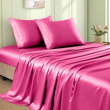 Hot Pink Satin Sheet Set Full Size - 4pcs Luxury Bedding, 15" Deep Pocket, Soft