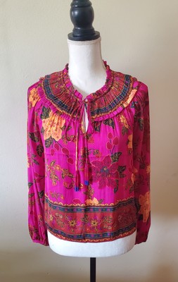 Rachel Zoe Women's M Fuchsia Floral Blouse Rushed Neck Long Sleeves - FLAW/SIZE