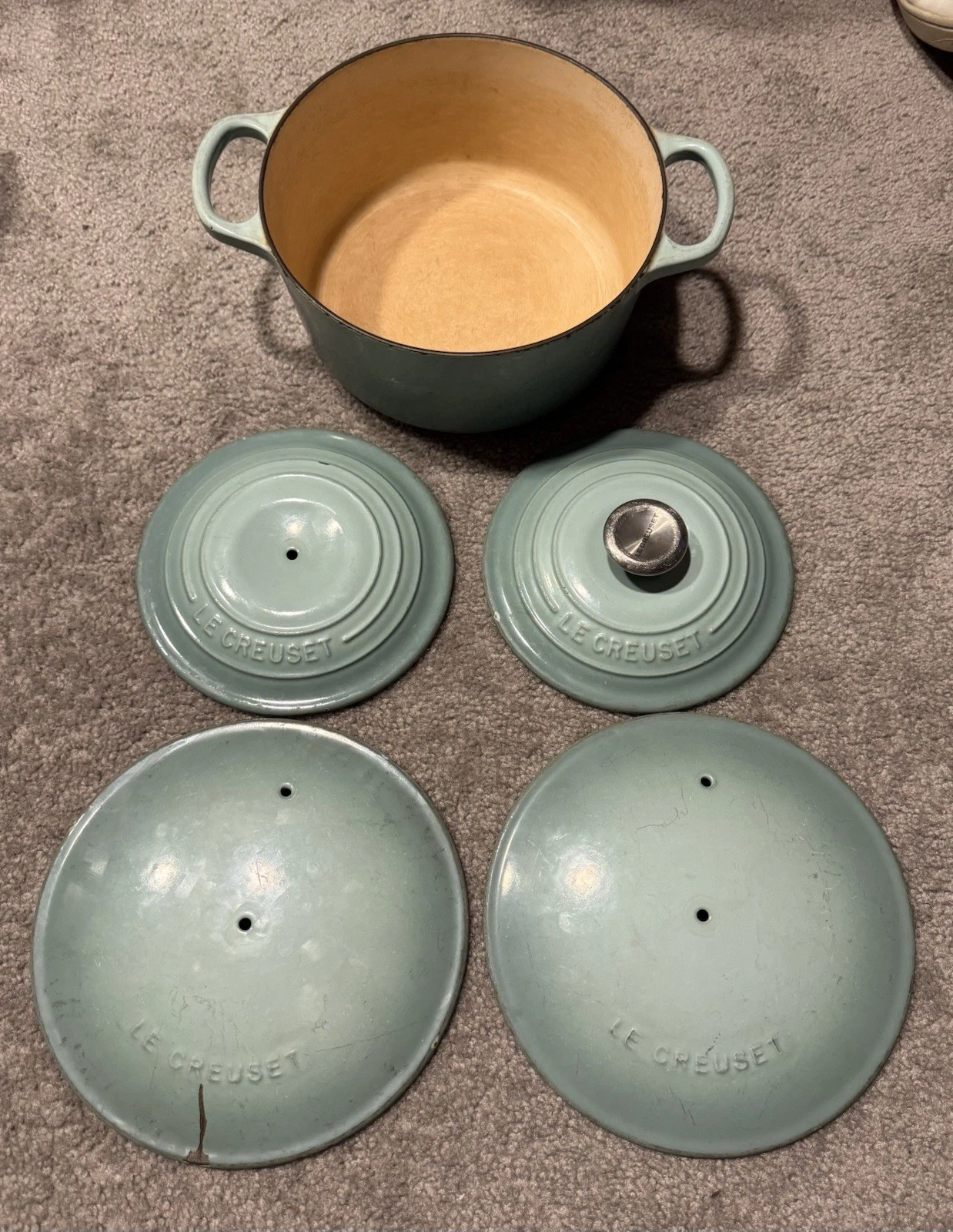 Lot 5 Le Creuset Round Dutch Oven Saucepan Pot France Enamel Blue Lids 18 21 22
Opens in a new windo