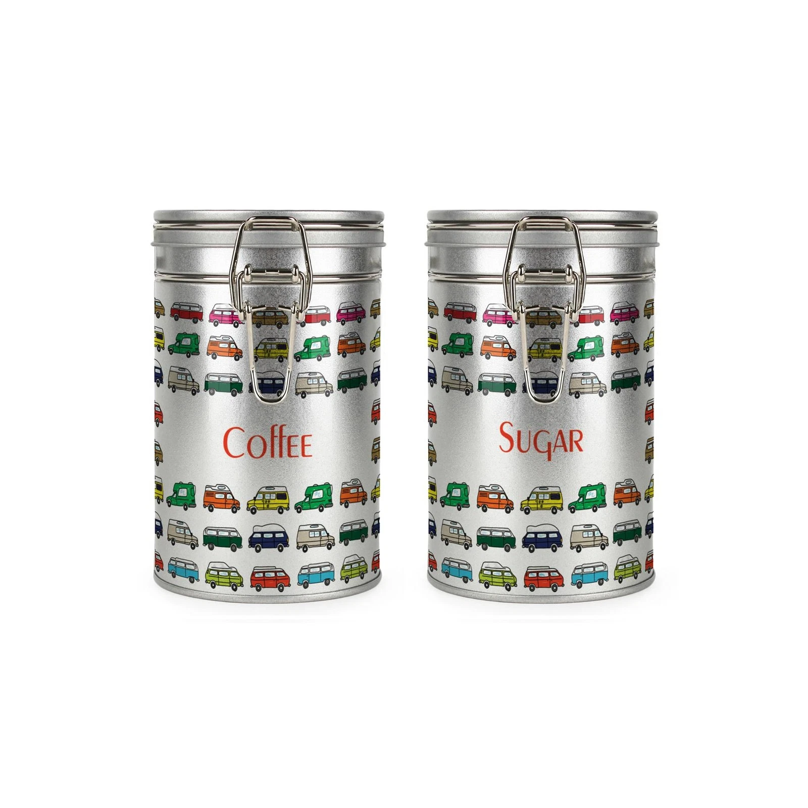 Campervans Coffee & Sugar Canisters Set - Silver Storage Gift Tins for Campers