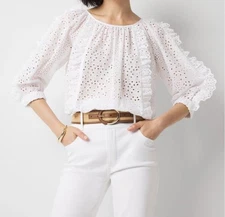 White House Black Market Eyelet  Ruffle Blouson Cotton Top Blouse WHITE NWT   XS