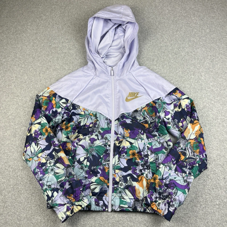 Nike Windbreaker Jacket Kids Girls Size XL Floral Windrunner Hooded Purple - Image 2 of 4