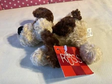 RUSS BERRIE PLUSH CREME & BROWN DROOZY MINI PUPPY 6 IN., PELLET TORSO, NWT,
