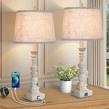 Set of 2 Farmhouse Table Lamps, 27.5'' Tall Rustic Bedside Lamps with 2 USB P...
