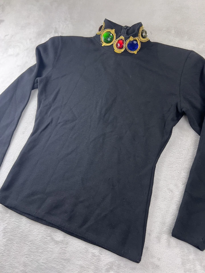 Suéter De Colección Adrienne Vittadini Para Mujer Mediano Negro Lana Cuello Con Joyas Años 90 Foto 2 de 4