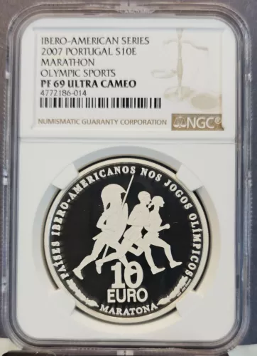 2007 PORTUGAL SILVER 10 EURO OLYMPIC MARATHON NGC PF 69 ULTRA CAMEO SCARCE COIN