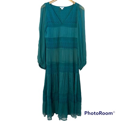 Sundance Adore Moi Long Sleeve Midi Dress Pacific Blue Green Eyelet Sheer  XS | eBay