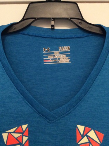 Girls YLG Under Armour Heat Gear Loose Fit Athletic Shirt Blue W/Orange - Picture 7 of 9