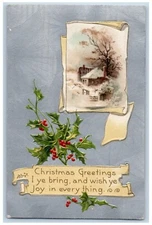 Christmas Postcard Greetings Holly Berries House Winter Winsch Back Embossed