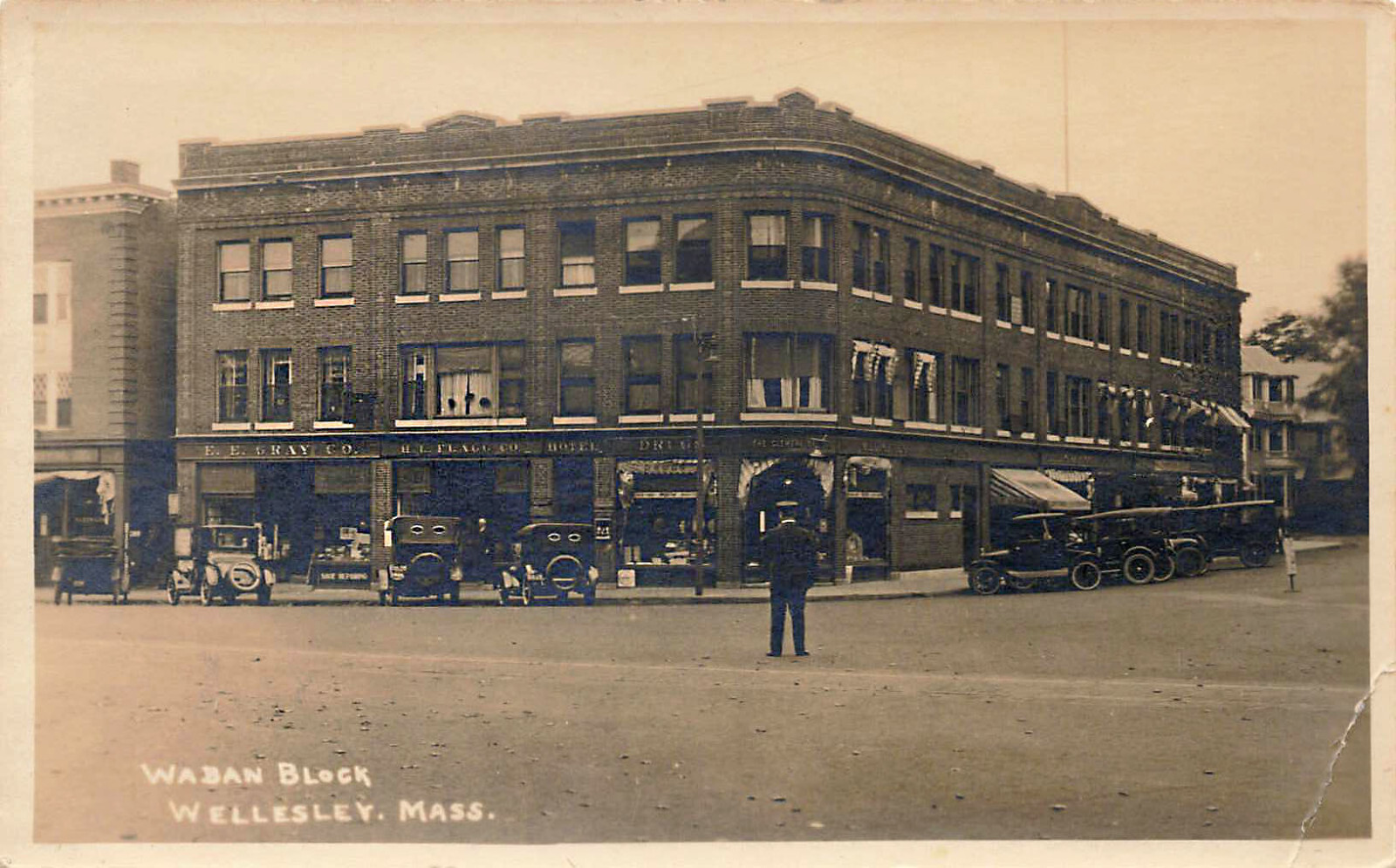 Wellesley MA Waban Block Storefronts Old Cars Police Officer Real Photo