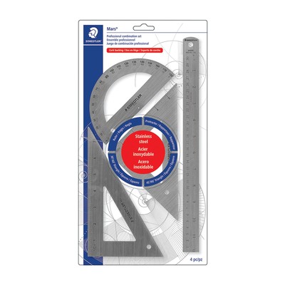 Stainless Steel Math Set with Ruler 2 Triangles Protractor 4 piece 566 32BK
