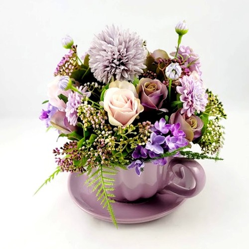 Flower Arrangement - Large Ceramic Teacup & Saucer with Purple Silk Flowers - Picture 6 of 8