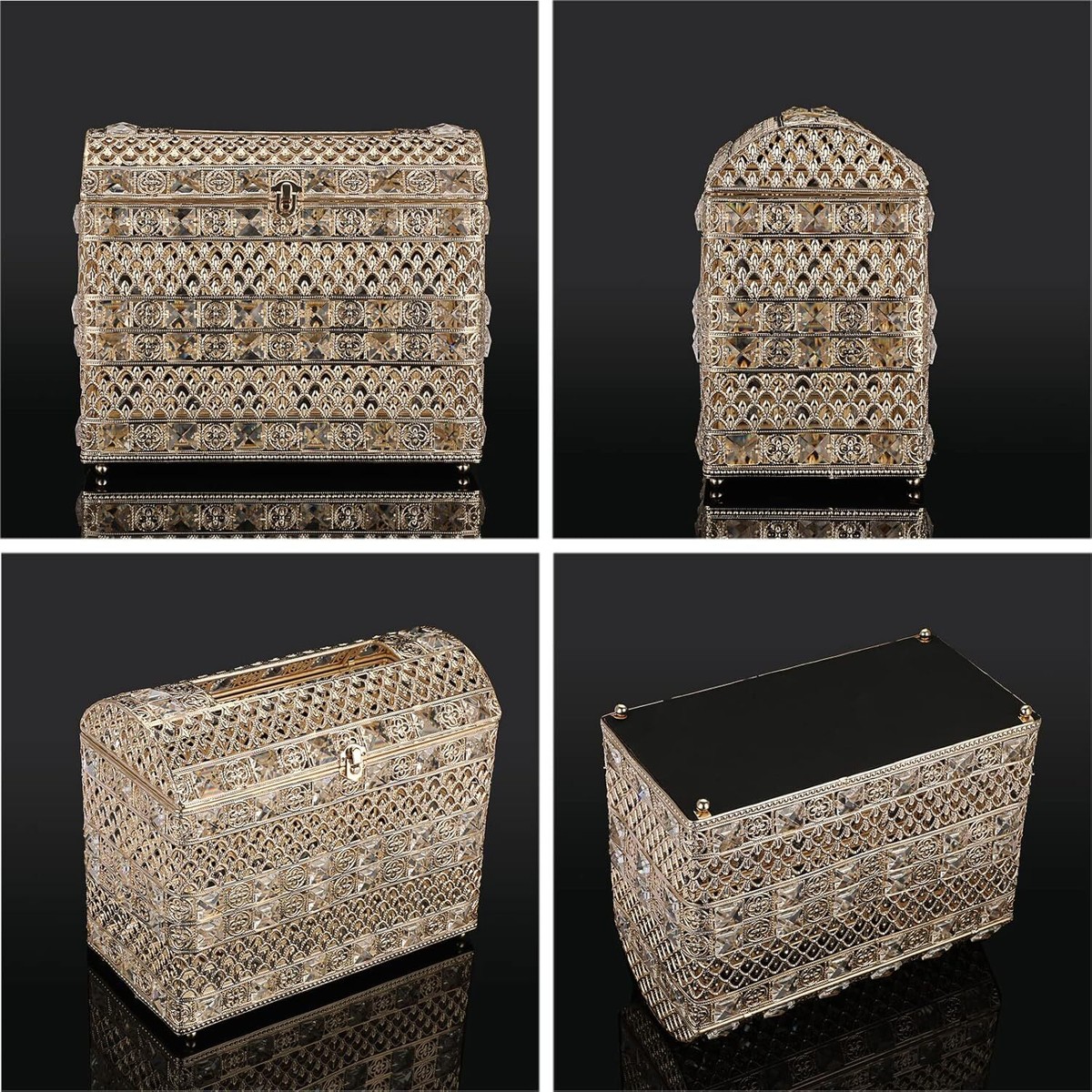 Elegant Crystal Wedding Card Box With Heart Lock - Gold Treasure Chest For Cards, Money & Keepsakes