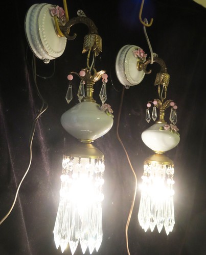 2 Apelines Lámpara Rosa Barbola Rosa Vintage Porcelana Cuentas Latón Tole Luz Desgastada - Imagen 6 de 12