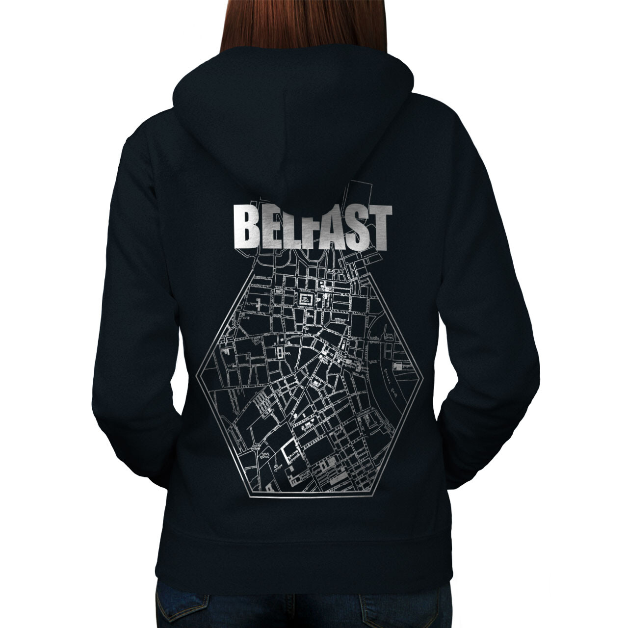 Wellcoda Belfast City Map Belfast Womens Hoodie Back