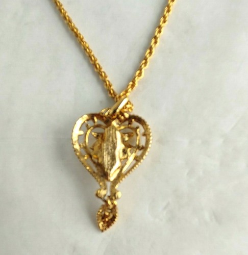 Vintage Chain Necklace with Heart Pendant with Porcelain Flower ~ 24" #16551 - Picture 3 of 5