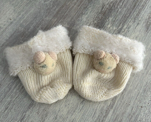 Vintage Knit Baby Socks with Pom Pom Bear White Angora Cuffs (2a)