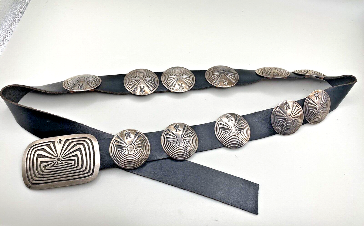 Vintage Sterling Silver Overlay Concho Belt Man in Maze  display picture 1