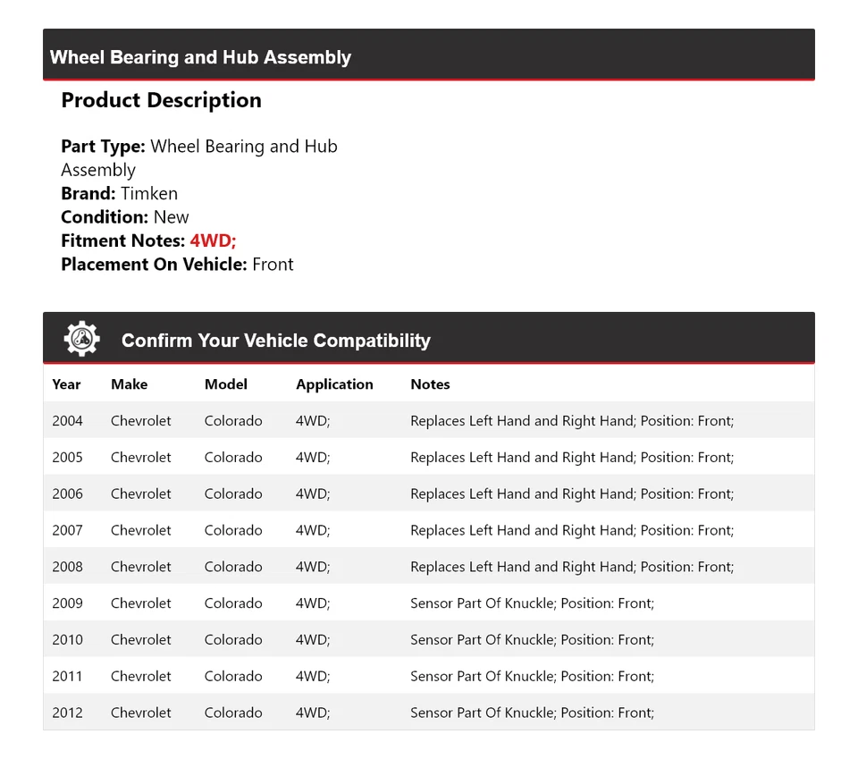 Conjunto de cojinete de rueda y buje delantero Timken para Chevrolet Colorado 2004-2012 4x4 Foto 2 de 4