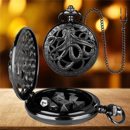 7pc/Set Black Metal Polyhedral Dices DND Role Playing Game in Octopus Pocket Box