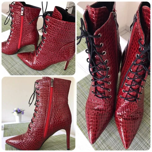 Mujeres Botines Punta Punta Tacones Altos Sexy Bota Corta Con Cordones Talla Grande 46 - Imagen 11 de 19