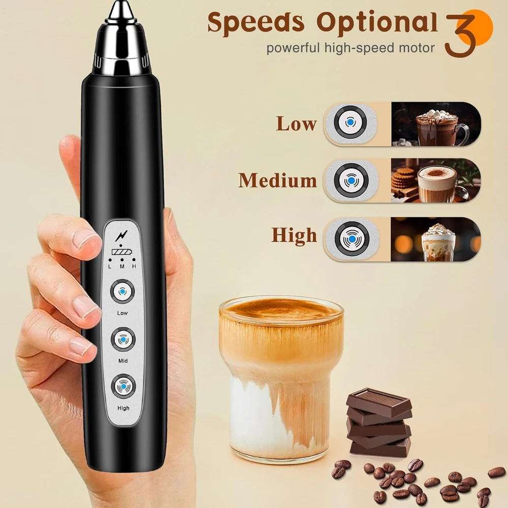 Milk Frother Handheld Rechargeable with Stand, Frother Wand Drink Mixer Electric