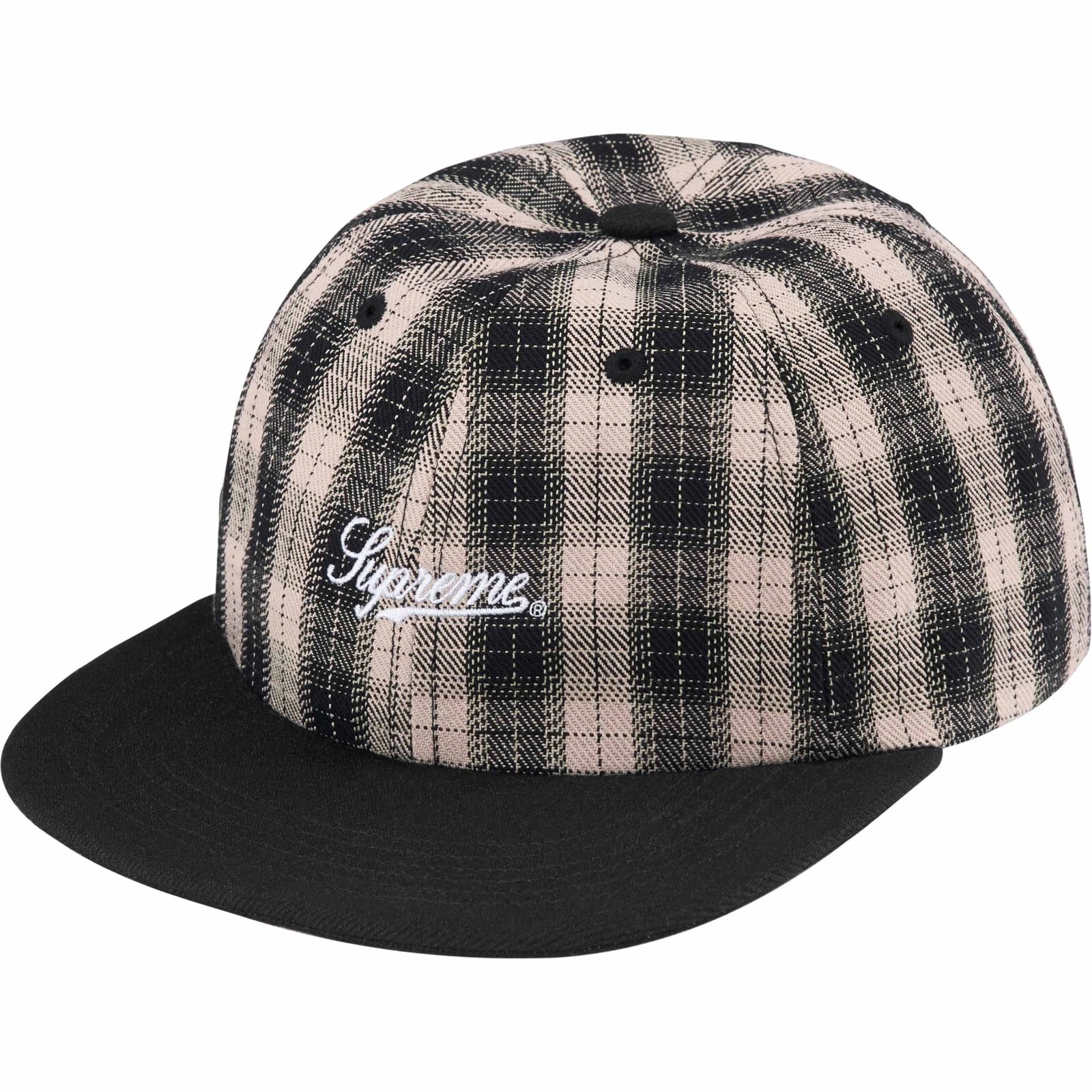 Casquette chapeau 6 panneaux logo Supreme Script   plaid noir   SS24 neuf authentique