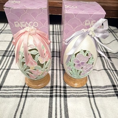 Enesco Ceramic Floral Collector Eggs Hand Painted Set of 2 Boxed Easter Decor