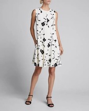 Oscar de la Renta Floral A-line Wool Swing Pleated Dress White Black US 6 M NWOT