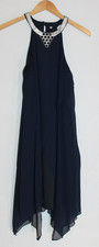Blue sleeveless jeweled neck dress Size M lined w/ drape fabric overlay halter