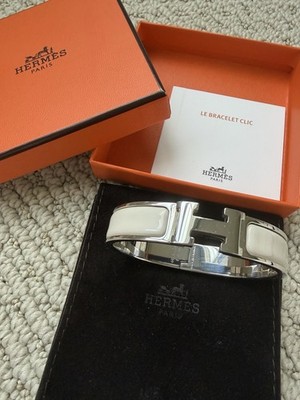 Rare HERMÈS Clic H Hinged Bangle PM Size Panna Cotta Enamel Silver Tone Hardware