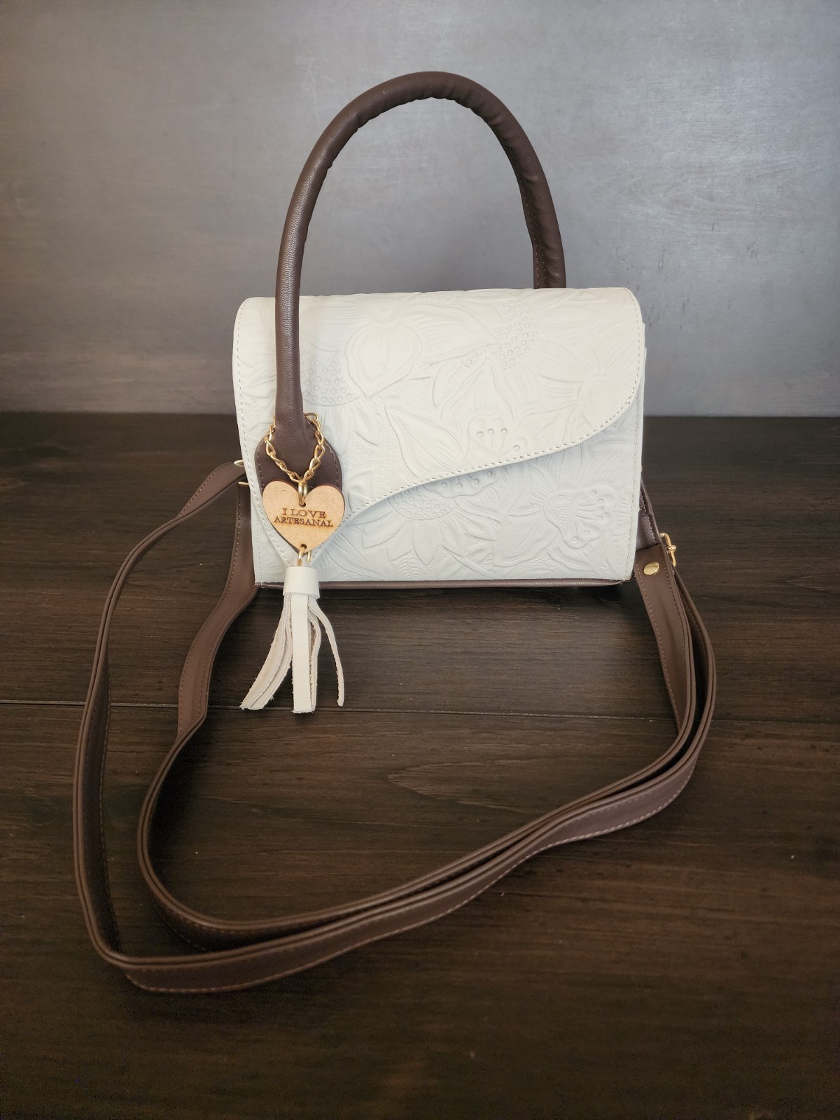 Off White Dark Brown Sunflower Embossed Tooled Artisan LEATHER Crossbody Purse — image 14