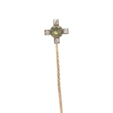 Antique Victorian Solid Gold Green Chrysoberyl Old Cut Diamond Target Stick Pin