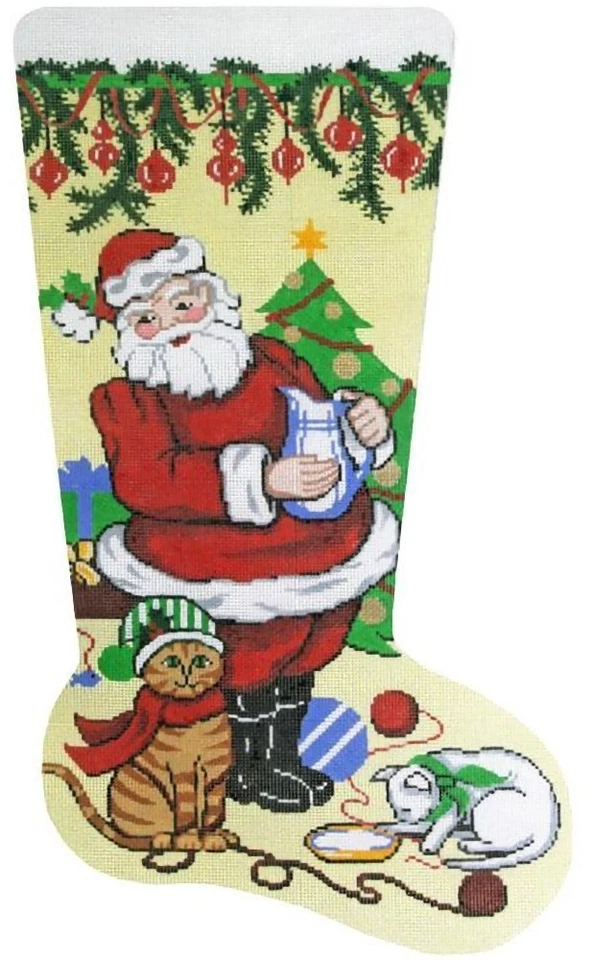 HandPainted Needlepoint Lee Christmas Stocking Santa with Kittens 23" - Image 2 of 4