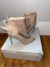 Jimmy Choo Tanya 100 Feather Glitter Suede Ballet Pink Ankle Boots Size 36.5