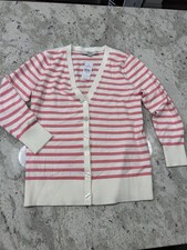 LOFT Pink/Ivory Striped Knit V-Neck Button Front Cardigan Sweater 3/4 XS