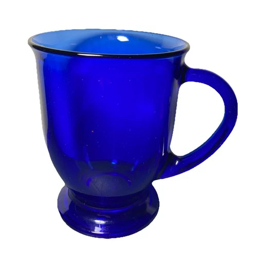 Vintage Cobalt Blue 16 oz Glass Footed Café Latte Coffee Mug Anchor Hocking, 5”