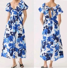J Crew Cecily dress Blue painted floral print Puff Sleeve Cotton Poplin Size 12 