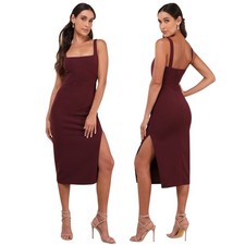 Lulus Vibrant Allure Plum Square Neck Sleeveless Bodycon Midi Dress size S NWT