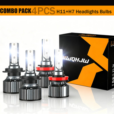 4x H7 H11 LED Headlight Super Bright Bulbs Combo Kit 6000K White High Low Beam