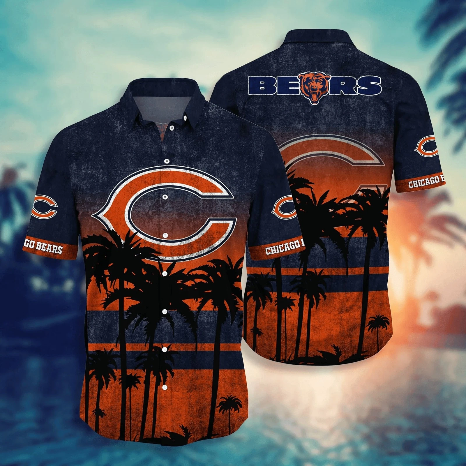 Chicago Bears Sunset Palms Gradient Hawaiian , Gift For Fans, Gift For Friends