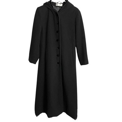Vintage Sandro Womens 100% Pure Wool Coat Size 8 Black Hooded Velvet Buttons