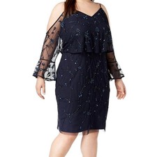 Adrianna Papell Women's Cocktail Dress Size 4 Blue Beaded Long Sleeve Sheath