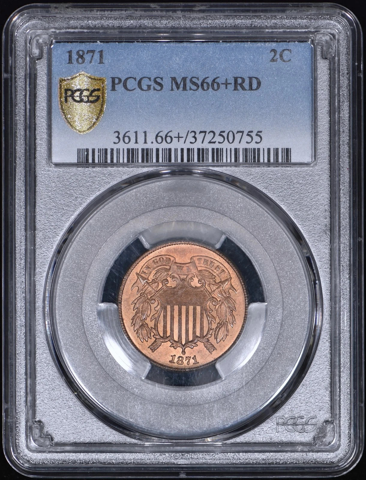 1871 Shield Two Cent 2c PCGS MS66+RD - Pop 1/1 - Price Guide $26,500