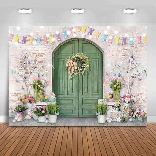 Easter Backdrop Green Wooden Doors Brick Wall Bunny Rabbit Spring Photography B - Picture 1 of 9