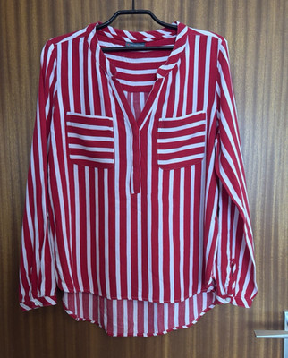 Street One Damen Bluse Gr. 40 rot/weiß gestreift Viskose V-Ausschnitt Langarm