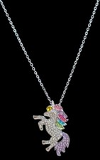 Sparkly Unicorn Multi Colored Rhinestones Pendant Necklace Silver Tone 22
