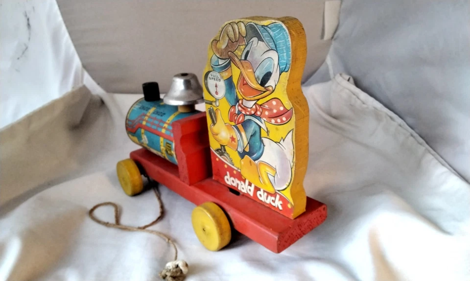 Juguete de madera Fisher Price Donald Duck #450 Choo Choo vintage circa 1940 FUNCIONA Foto 2 de 4
